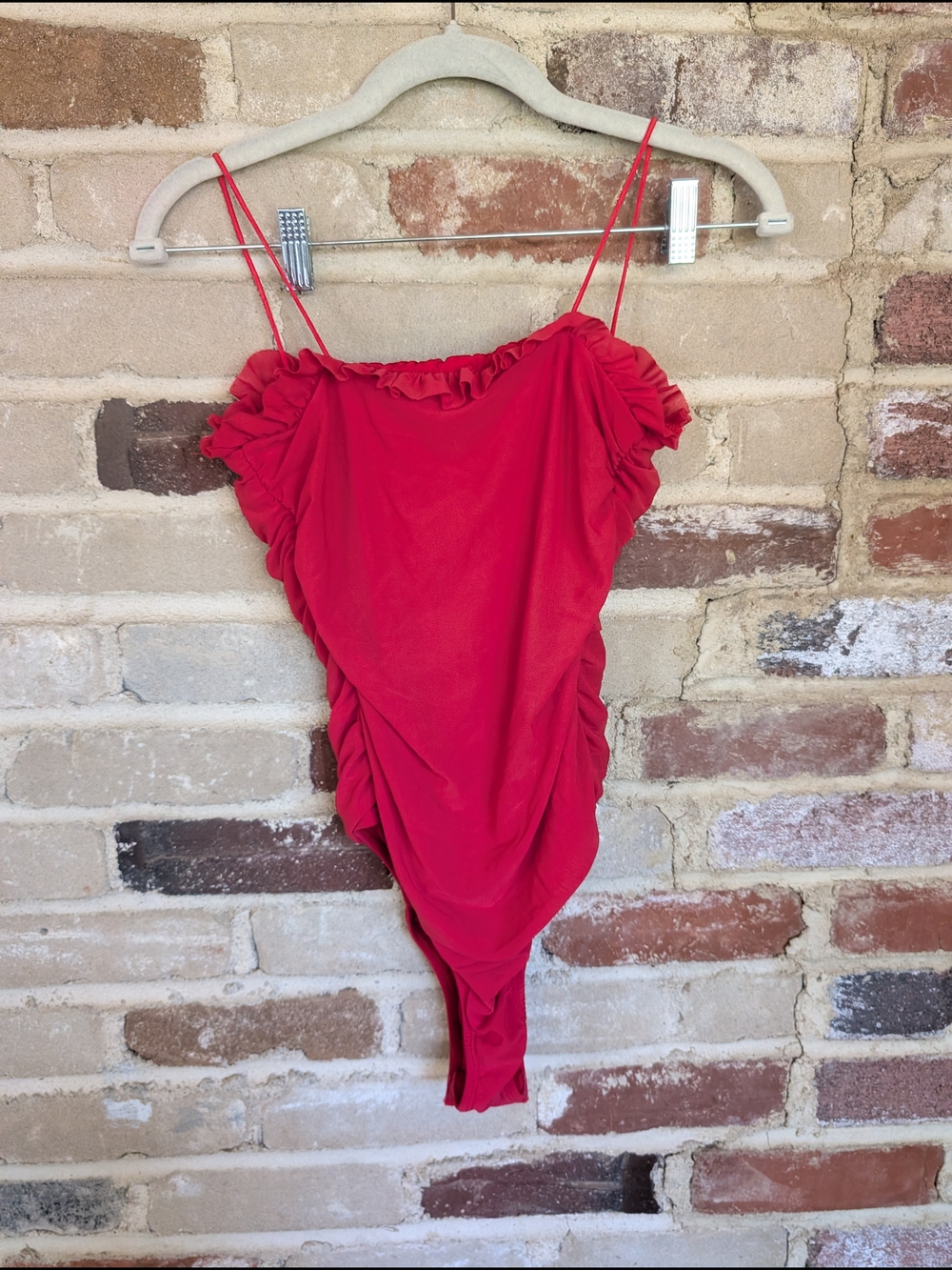 Red Ruching Tie-Front Bodysuit - Picture 3 of 3